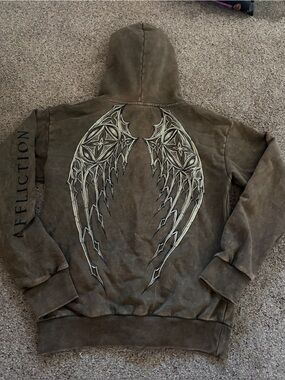 Affliction Olive Brown Hooded Jacket with Wing Graphic